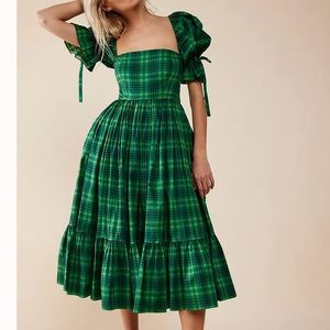 Selkie Market Green Plaid Dress Puff Sleeve Small